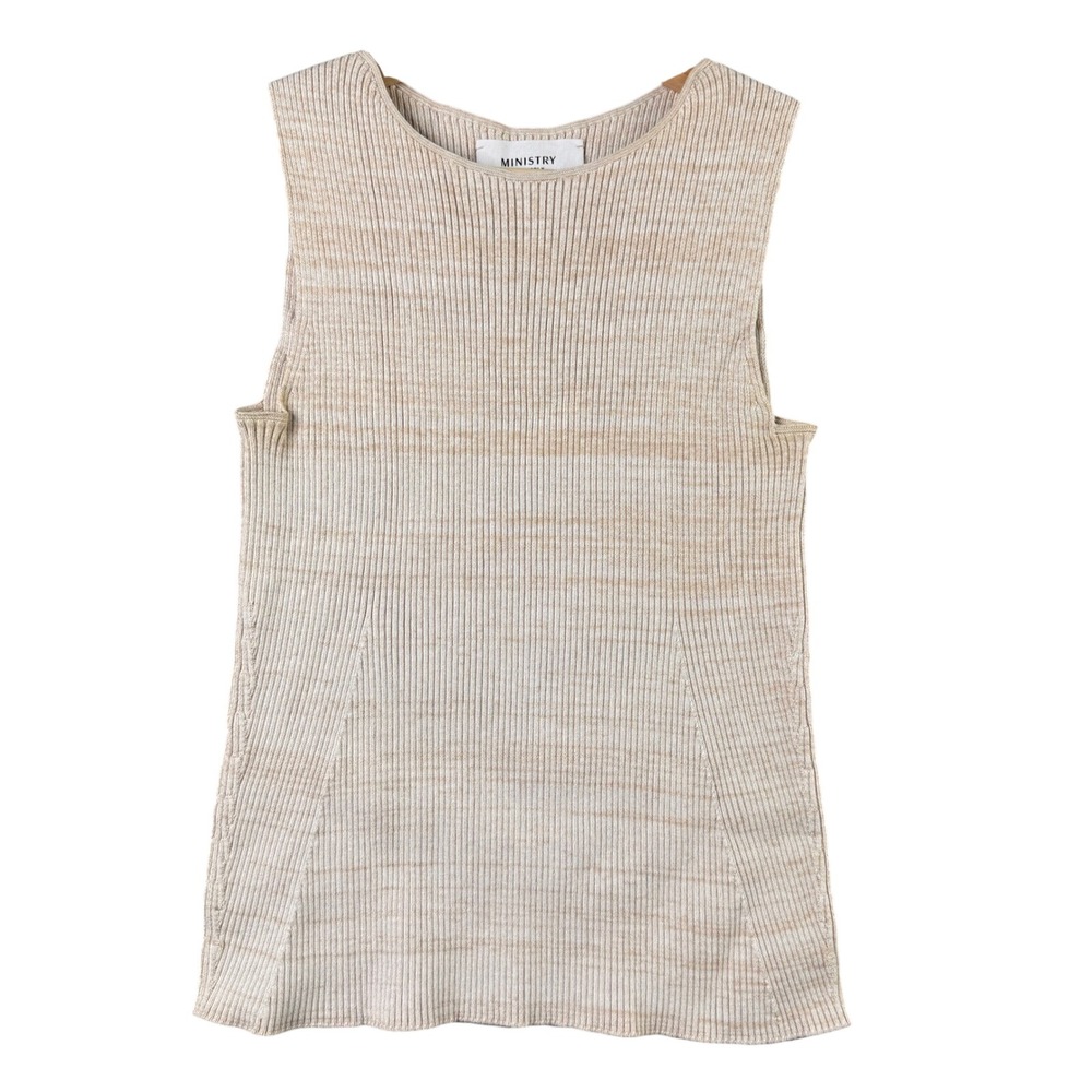 Ministry of Supply Womens Small Beige Ribbed Knit Sleeveless Tank Top Striped